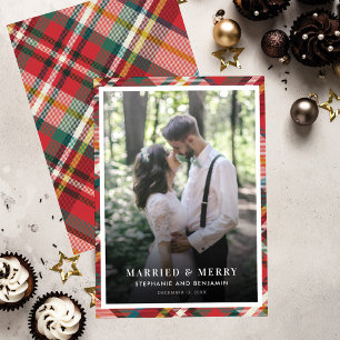 Plaid Christmas Photo Married and Merry Holiday Card