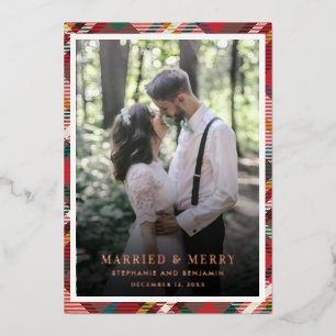 Plaid Christmas Photo Married and Merry Rose Gold Foil Holiday Card