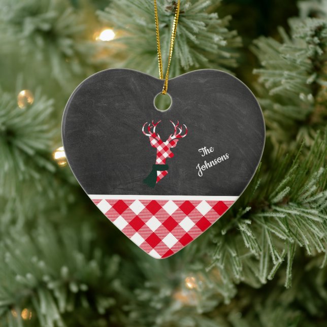 Plaid Christmas Reindeer Chalkboard Personalised Ceramic Ornament (Tree)