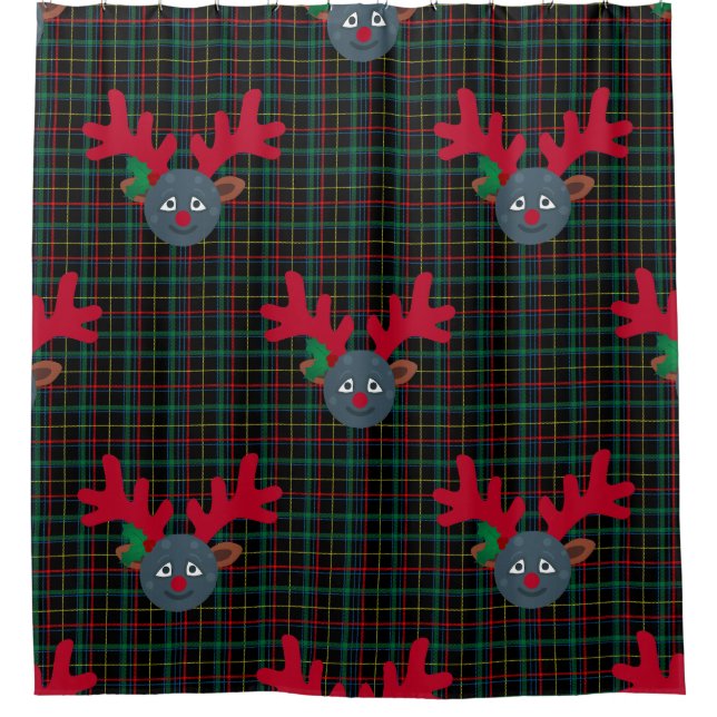 plaid christmas reindeer moon emoji shower curtain (Front)