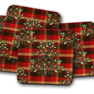 Plaid Christmas Tree   Christmas Cork Coaster Set