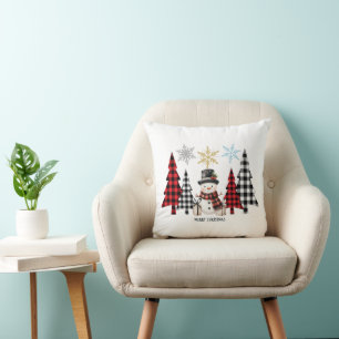 Plaid Christmas Tree Snowman - Festive Charm Cushion