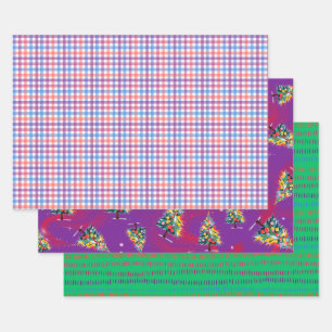 Plaid, Christmas Trees, & Green Dash, 3-Pack Matte Wrapping Paper Sheet