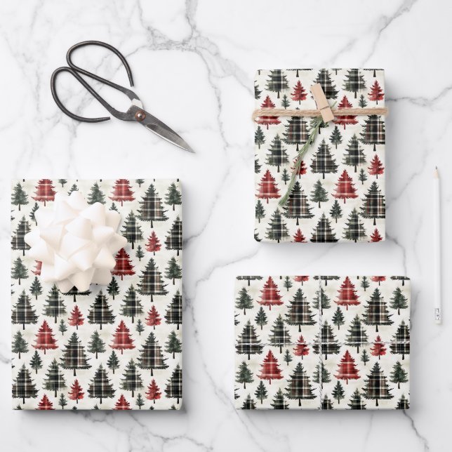 Plaid Christmas Trees on Ivory Wrapping Paper Sheet (Front)