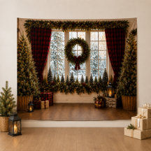 Plaid Christmas Window Family Photo Backdrop