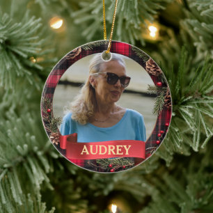 Plaid Christmas Wreath ANY Photo Tree Ornament