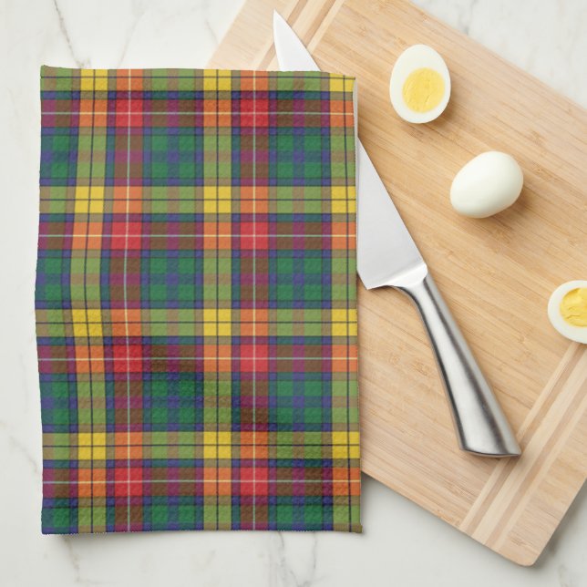 Plaid Clan Buchanan Tartan Red Yellow Green Check Tea Towel (Quarter Fold)