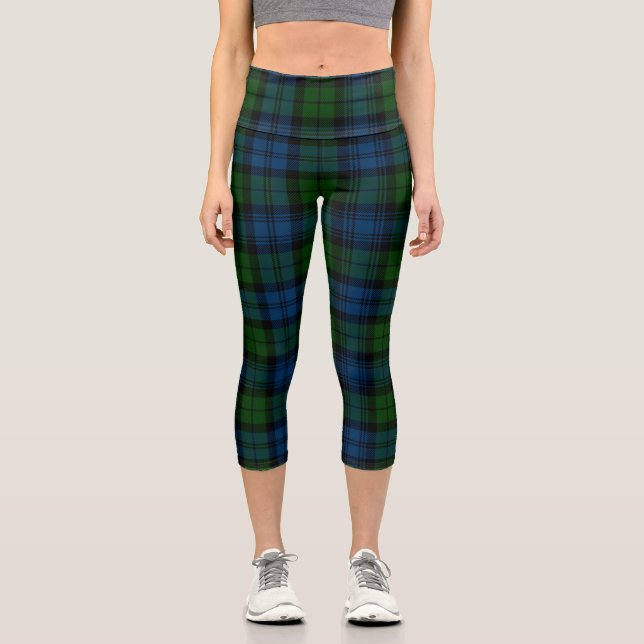 Plaid Clan Campbell Military Green Black Tartan Capri Leggings (Front)