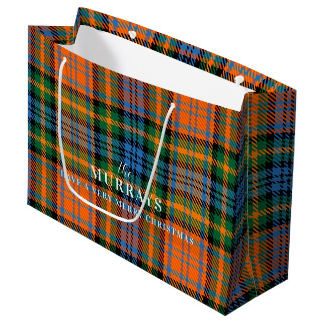 Plaid Clan Murray Blue Orange Green Tartan Large Gift Bag (Front Angled)