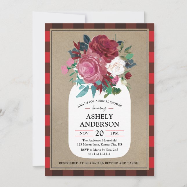 Plaid Country Mason Jar Bridal Shower Invitation (Front)