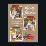 Plaid Craft Tape Red Truck Christmas Kraft Postcard<br><div class="desc">Modern Brush Script Merry Christmas 3 Photo Collage Holiday Postcard includes Red Plaid Craft Tape and Watercolor Vintage Red Truck with Christmas Tree. Rustic Kraft Paper.</div>