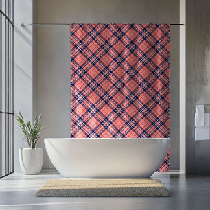 Plaid Curtain for Retirees Coral Navy Home Style