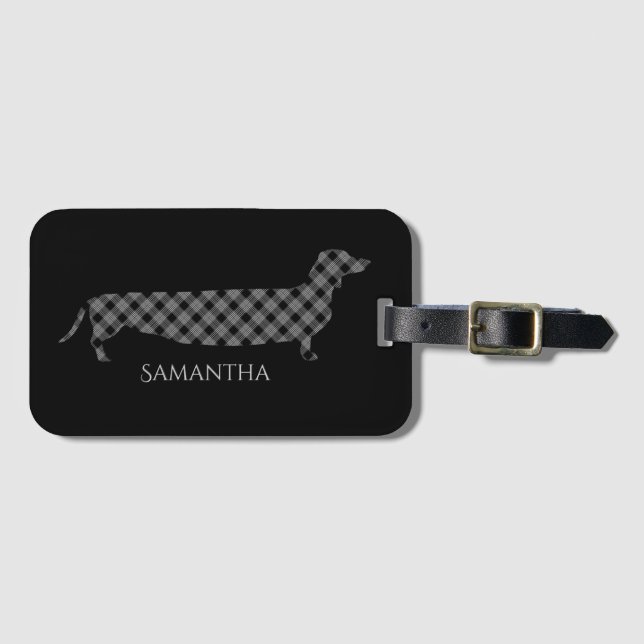 Plaid Dachshund on Black Luggage Tag (Front Horizontal)