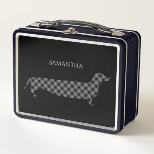 Plaid Dachshund on Black Metal Lunch Box