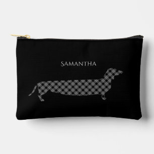 Plaid Dachshund on Black Personalised Accessory Pouch