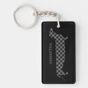 Plaid Dachshund on Black Personalised Key Ring