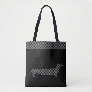 Plaid Dachshund on Black Tote Bag