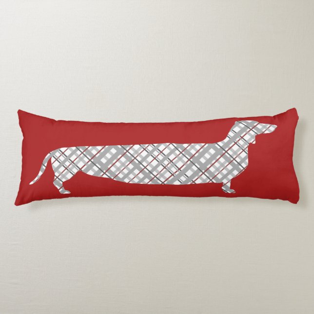 Plaid Dachshund on Red Body Cushion (Front)