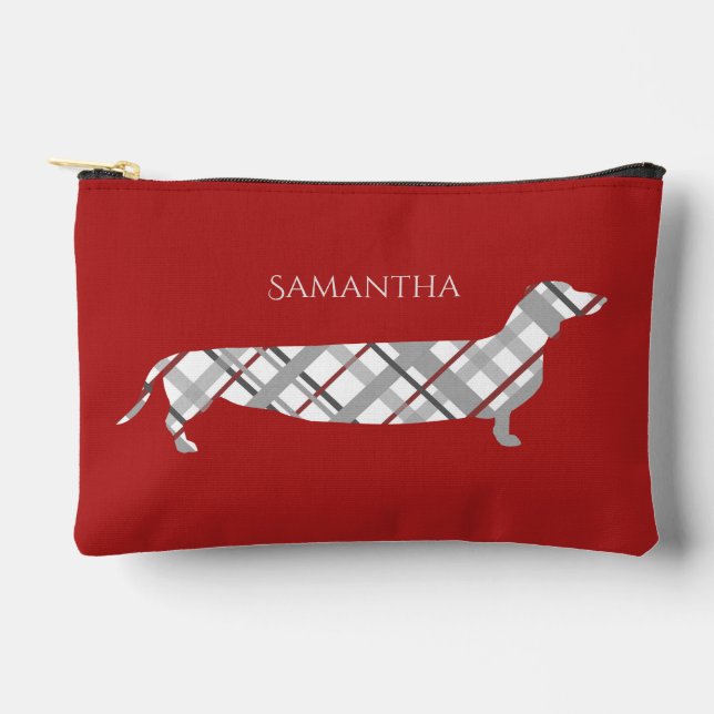 Plaid Dachshund on Red Personalised Accessory Pouch (Front)