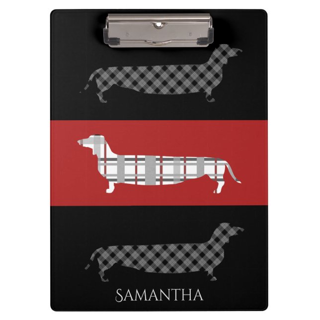 Plaid Dachshunds on Red and Black Personalised Clipboard (Front)