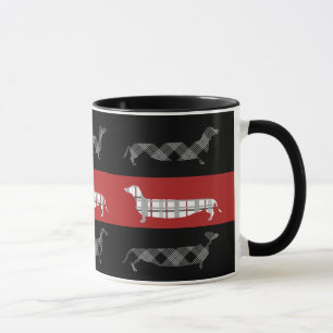 Plaid Dachshunds on Red and Black Striped Mug