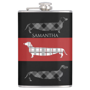 Plaid Dachshunds on Striped Personalised Hip Flask