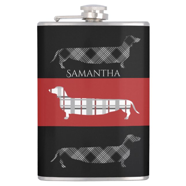 Plaid Dachshunds on Striped Personalised Hip Flask (Front)