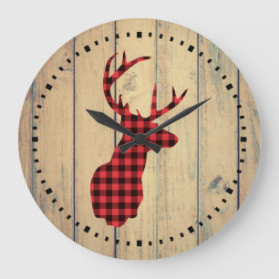 Plaid Deer Head with Antlers on Faux Wood Large Clock