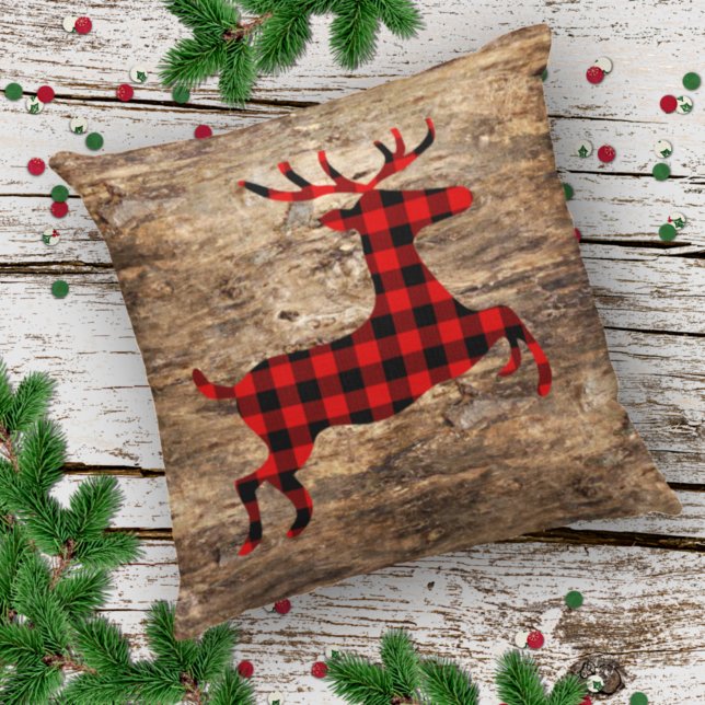 Plaid Deer On Faux Brown Tree Bark Texture Pattern Cushion (Creator Uploaded)