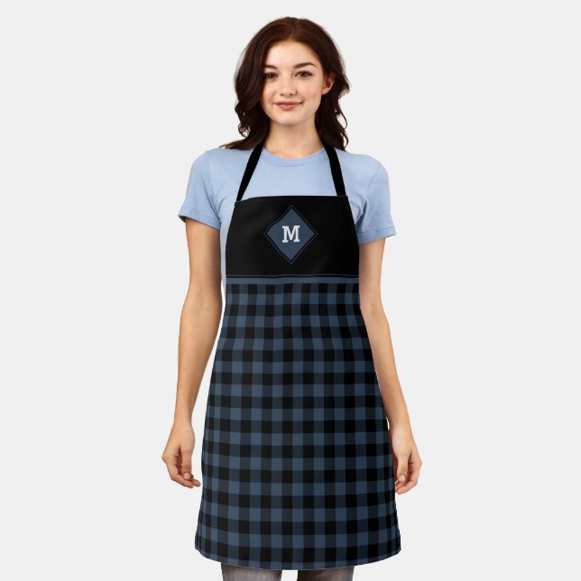 Plaid Diamond Initial Dark Blue + Black Apron (Worn)