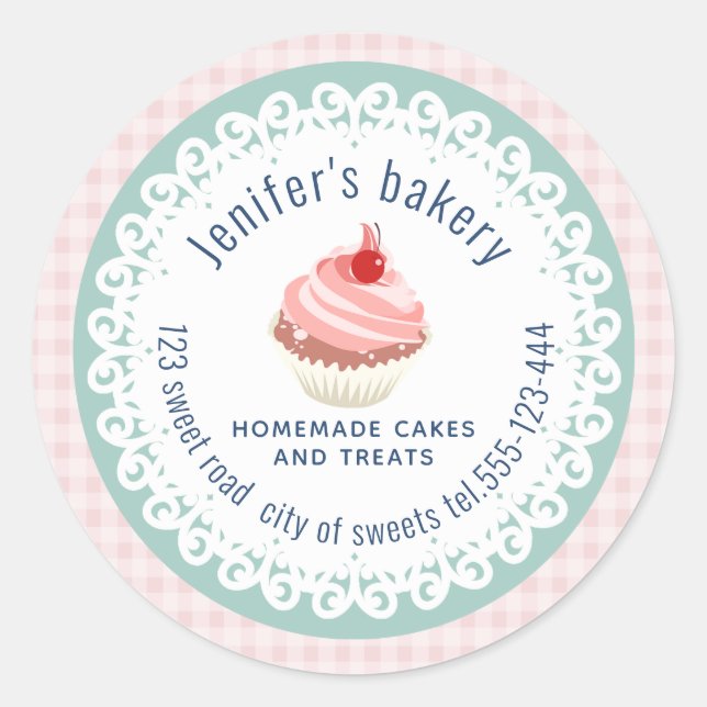 Plaid doily lace Homemade cupcakes and treats Classic Round Sticker (Front)