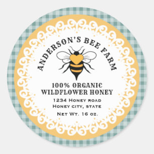Plaid doily lace vintage bee logo honey jar classic round sticker
