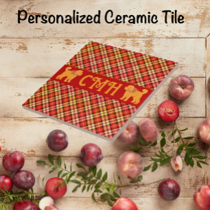 Plaid Doodle Golden Yellow Dog Personalised Ceramic Tile