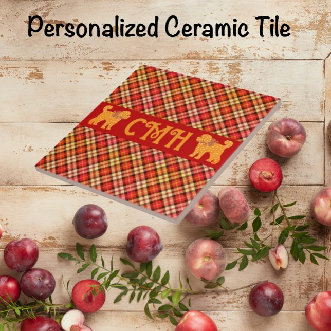 Plaid Doodle Golden Yellow Dog Personalised Ceramic Tile (Personalized ceramic tile in 2 sizes.)
