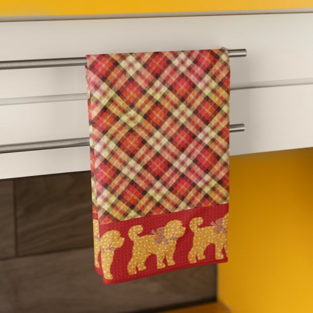 Plaid Doodle Golden Yellow Dog Tea Towel (Happy doodle pups on a plaid dish towel.)