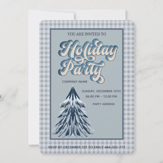 Plaid dusty blue holiday party corporate invitation (Front)