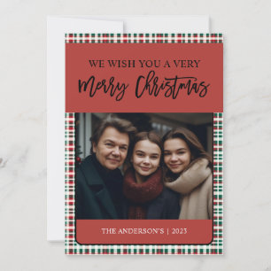 Plaid Elegant Green and Red Photo Holiday Card