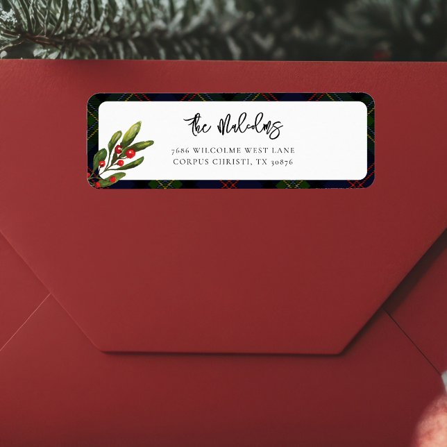 Plaid Elegant Rustic Classic Tartan Return Address Label (Red Berries Rustic Plaid Malcolm Tartan Return Address Label)