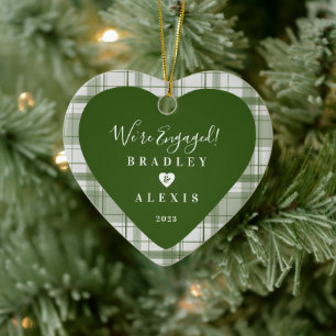 Plaid Engaged Green Photo Ceramic Ornament