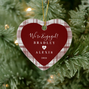 Plaid Engaged Red Photo Ceramic Ornament