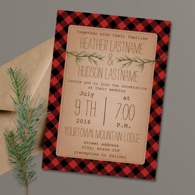 Plaid + Evergreen Branches Wedding Invite (Creator Uploaded)