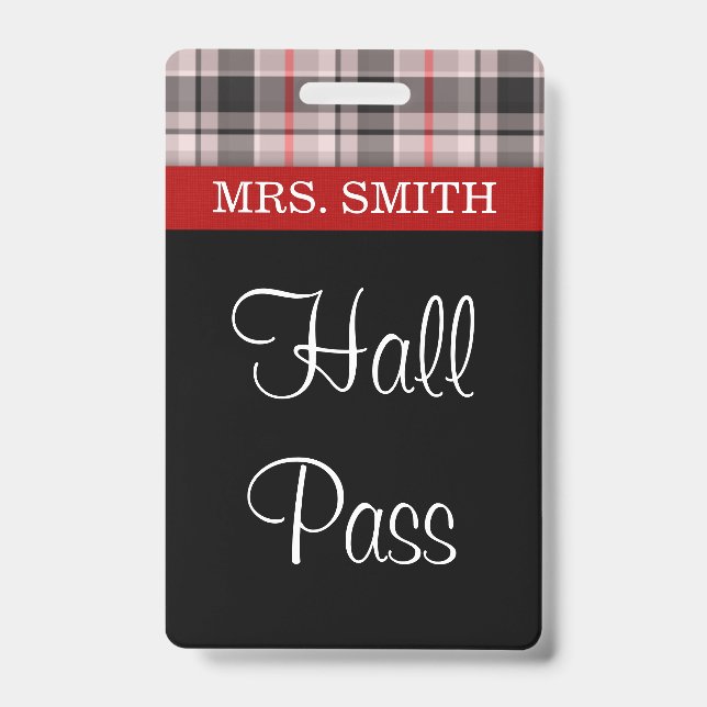 Plaid Fabric HALL Pass ID Badge (Front)