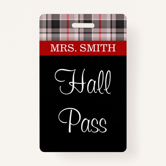 Plaid Fabric HALL Pass ID Badge (Front)