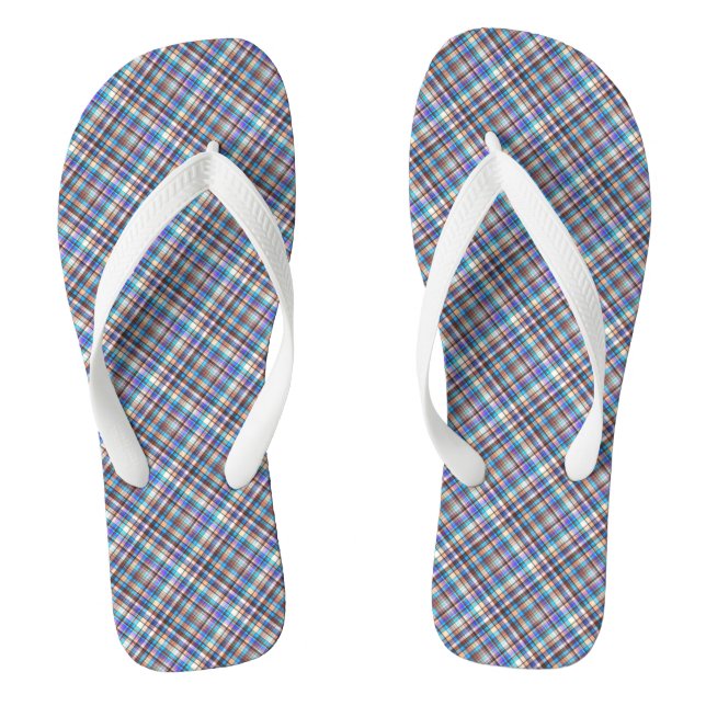 Plaid Fabric Print Grey Blue Chequered Pattern Thongs (Footbed)
