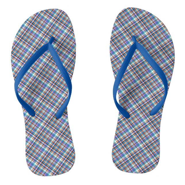 Plaid Fabric Print Grey Blue Chequered Pattern Thongs (Footbed)