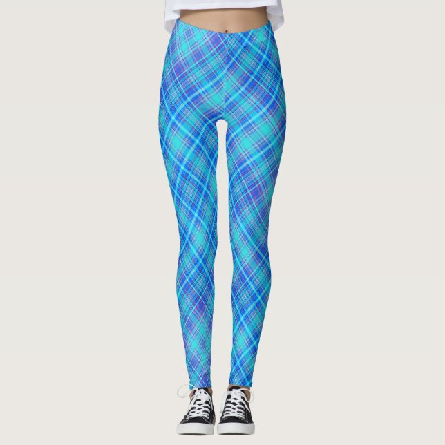 Plaid Fabric Texture Blue Stripes Pattern-43657 Leggings (Front)
