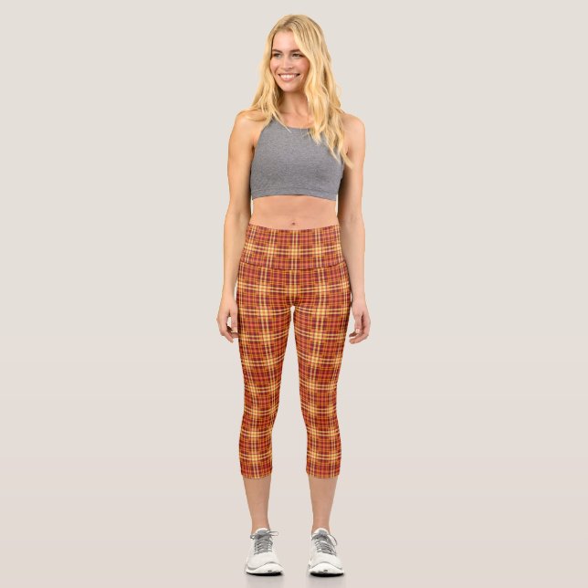 Plaid Fabric Texture Brown Stripes-52628 Capri Leggings (Front)