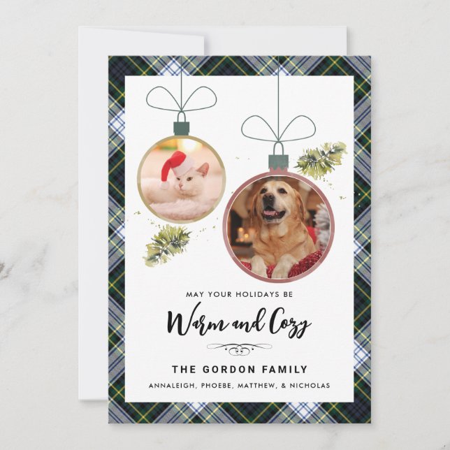 Plaid Family Christmas 2 Pet Photos Gordon Tartan Holiday Card (Front)