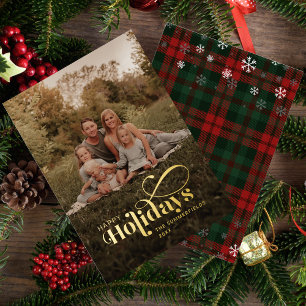 Plaid Family Photo Calligraphy Christmas Gold Foil Holiday Card