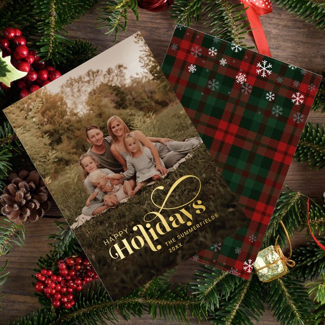 Plaid Family Photo Calligraphy Christmas Gold Foil Holiday Card (Christmas Holidays Rustic Plaid Gold Foil Family Photo Greetings Card)